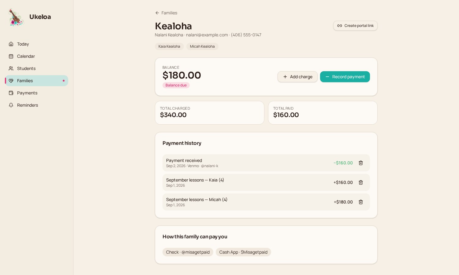 Ukeloa family page showing a running balance, payment history, and how the family can pay you