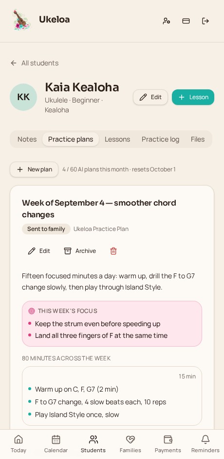 Ukeloa weekly practice plan on a phone, listing this week's focus and each day with minutes and short tasks