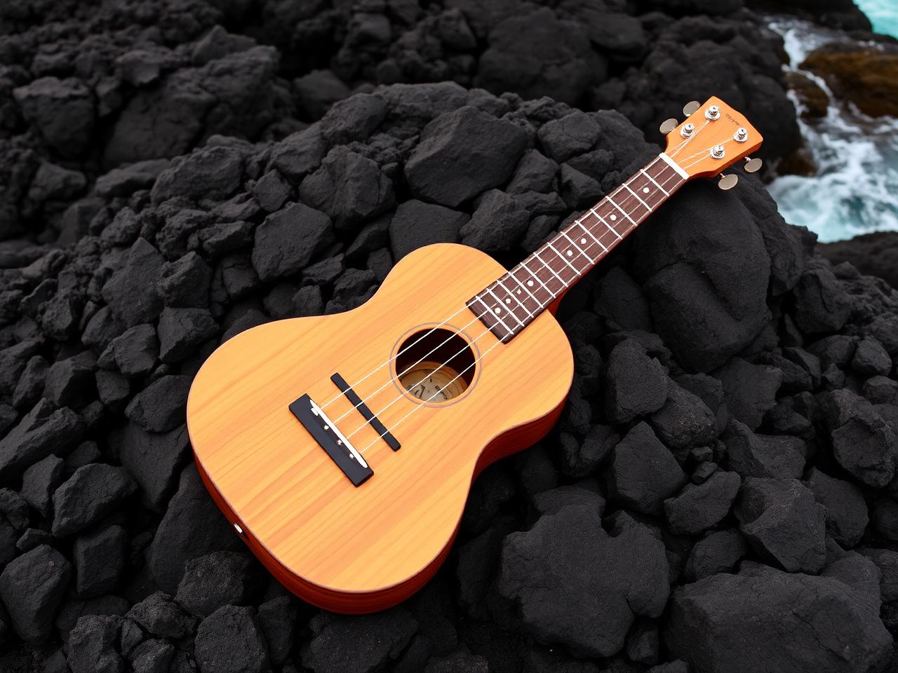 Wooden ukulele resting on volcanic rock beside the ocean